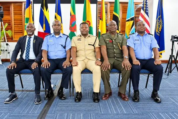From left to right: RSS Regional Maritime Officer, Lt. Cdr. Rolerick Sobers; ASP Reece Auguste of the Royal St. Lucia Police Force; ASP Glenfield Campbell of the Guyana Police Force; Lt. Col. Alando Michael of the Antigua and Barbuda Defence Force; and Conference Chairman, Cdr. Deon Henry of the St. Vincent and the Grenadines Coast Guard Service. (Photo credit: RSS)